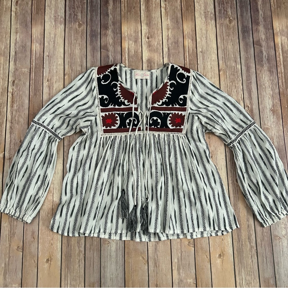 Miss June Paris Striped Boho Blouse with Embroidered Details - Picture 2 of 6